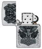 Viking Design Brushed Chrome Windproof Lighter with its lid open and unlit.