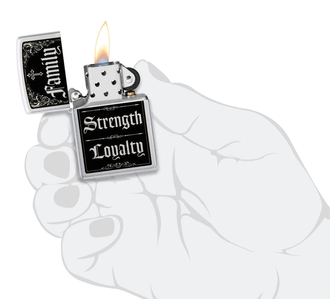 Zippo Family Strength Loyalty Design Windproof Lighter lit in hand.