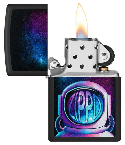 Zippo Astronaut Design Black Matte Windproof Lighter with its lid open and lit.