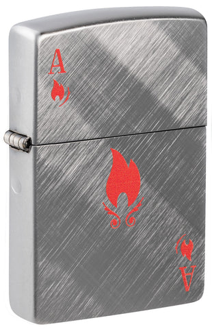 Front shot of Flame Ace Design Diagonal Weave Windproof Lighter standing at a 3/4 angle.