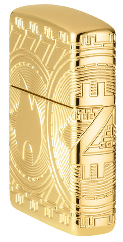 Angled shot of Currency Design Armor® High Polish Gold Windproof Lighter, showing the front and right side of the lighter.