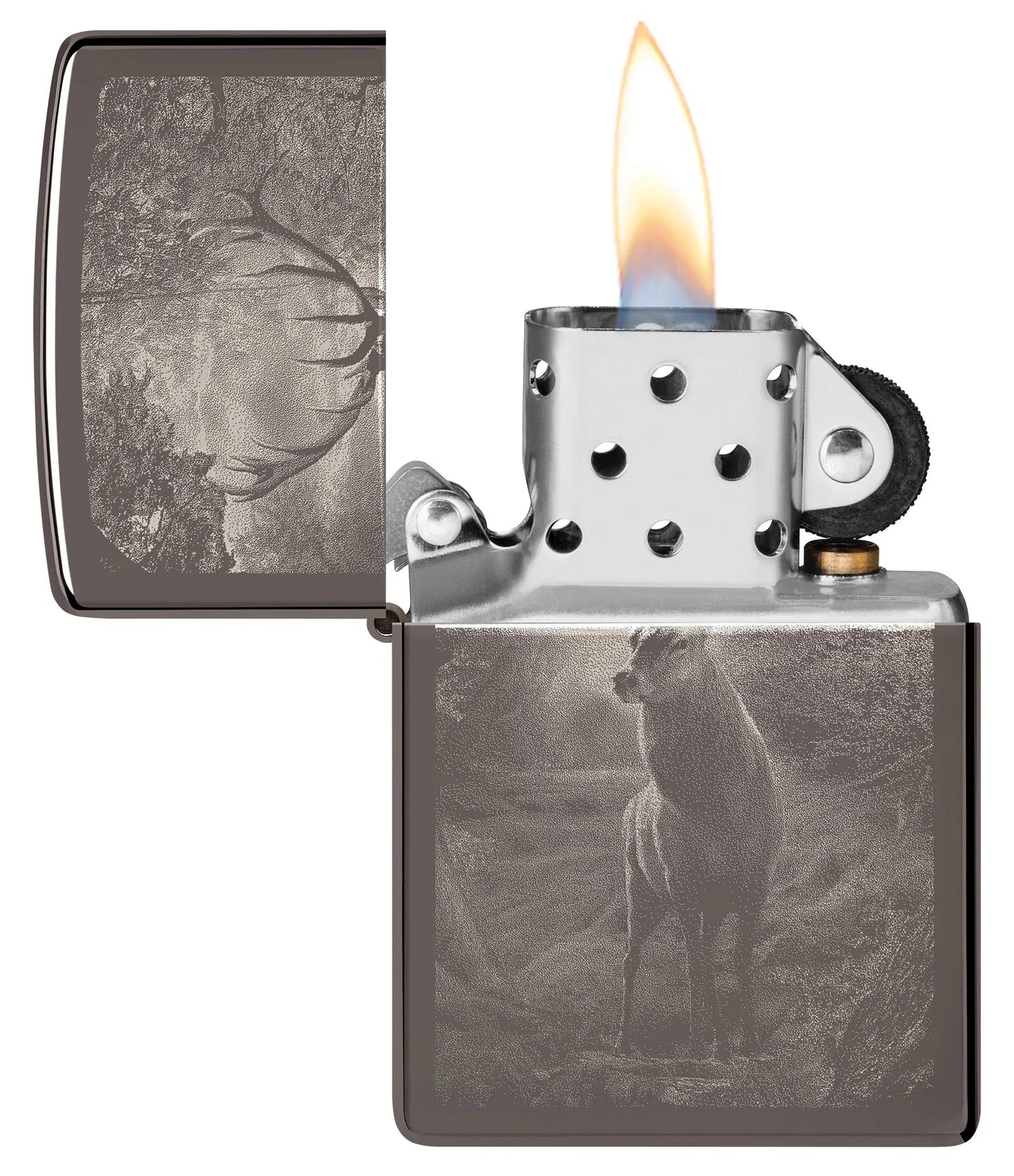 Zippo Deer Design Windproof Lighter with its lid open and lit.