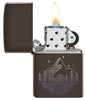 Mountain Design Brown Windproof Lighter with its lid open and lit.