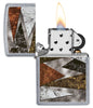 Patterns Design Street Chrome™ Windproof Lighter with its lid open and lit.