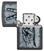 Graffiti Peace Design Iron Stone Windproof Lighter with its lid open and unlit