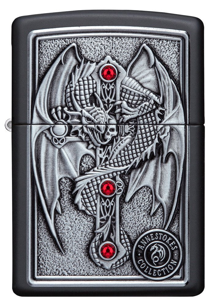 Anne Stokes Gothic Guardian Emblem Black Matte Windproof Lighter with its lid open and unlit.