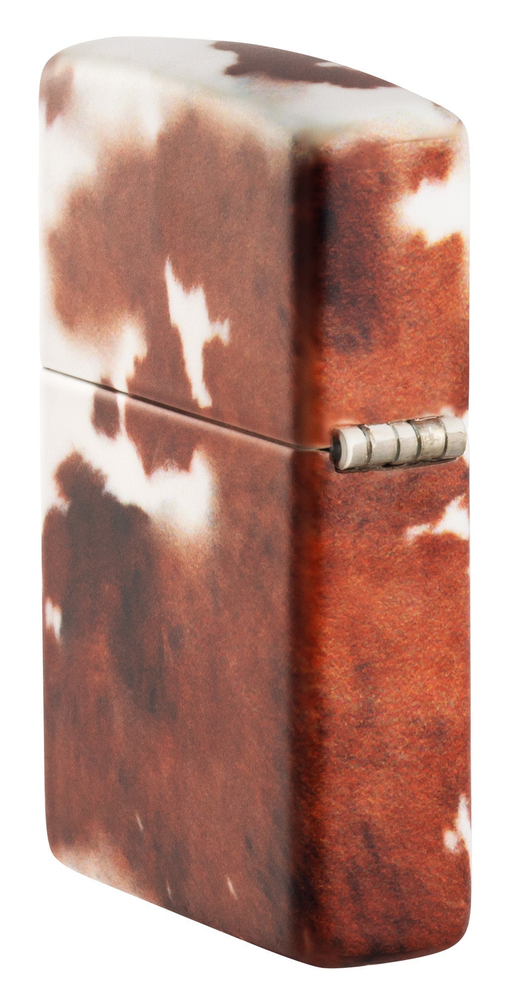 Angled shot of Cow Print Design 540 Color Windproof Lighter, showing the back and hinge side of the lighter.