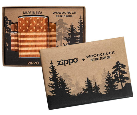 WOODCHUCK USA American Flag Wrap Windproof Lighter in its Woodchuck packaging
