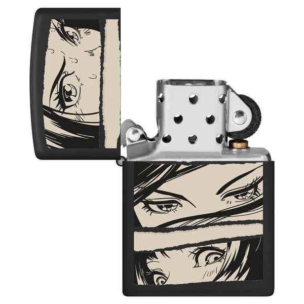 Comic Girl Design Windproof Lighter with its lid open and unlit.