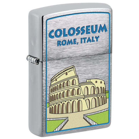 Front shot of Colosseum Design Windproof Lighter standing at a 3/4 angle.