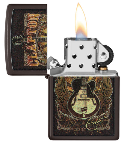 Eric Clapton Guitar Design Brown Windproof Lighter with its lid open and lit.