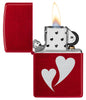 Zippo Double Hearts Windproof Lighter with its lid open and lit.