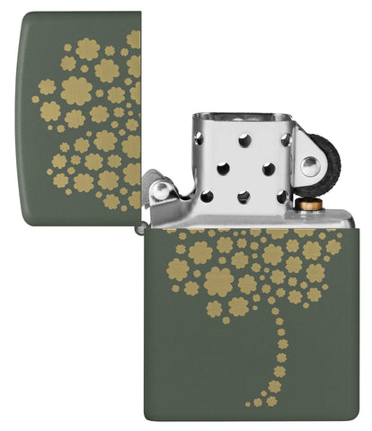 Zippo Four Leaf Clover Design Windproof Lighter with its lid open and unlit.