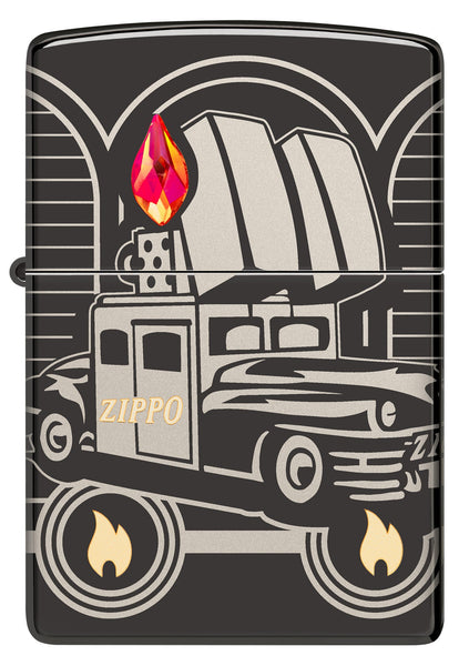 Lifestyle image of two Zippo Car 75th Anniversary Collectible Armor High Polish Black Windproof Lighters standing in a dark reflective scene.