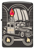 Lifestyle image of two Zippo Car 75th Anniversary Collectible Armor High Polish Black Windproof Lighters standing in a dark reflective scene.