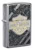 Front shot of Harley-Davidson® Bar & Shield Asphalt Street Chrome™ Windproof Lighter standing at a 3/4 angle.