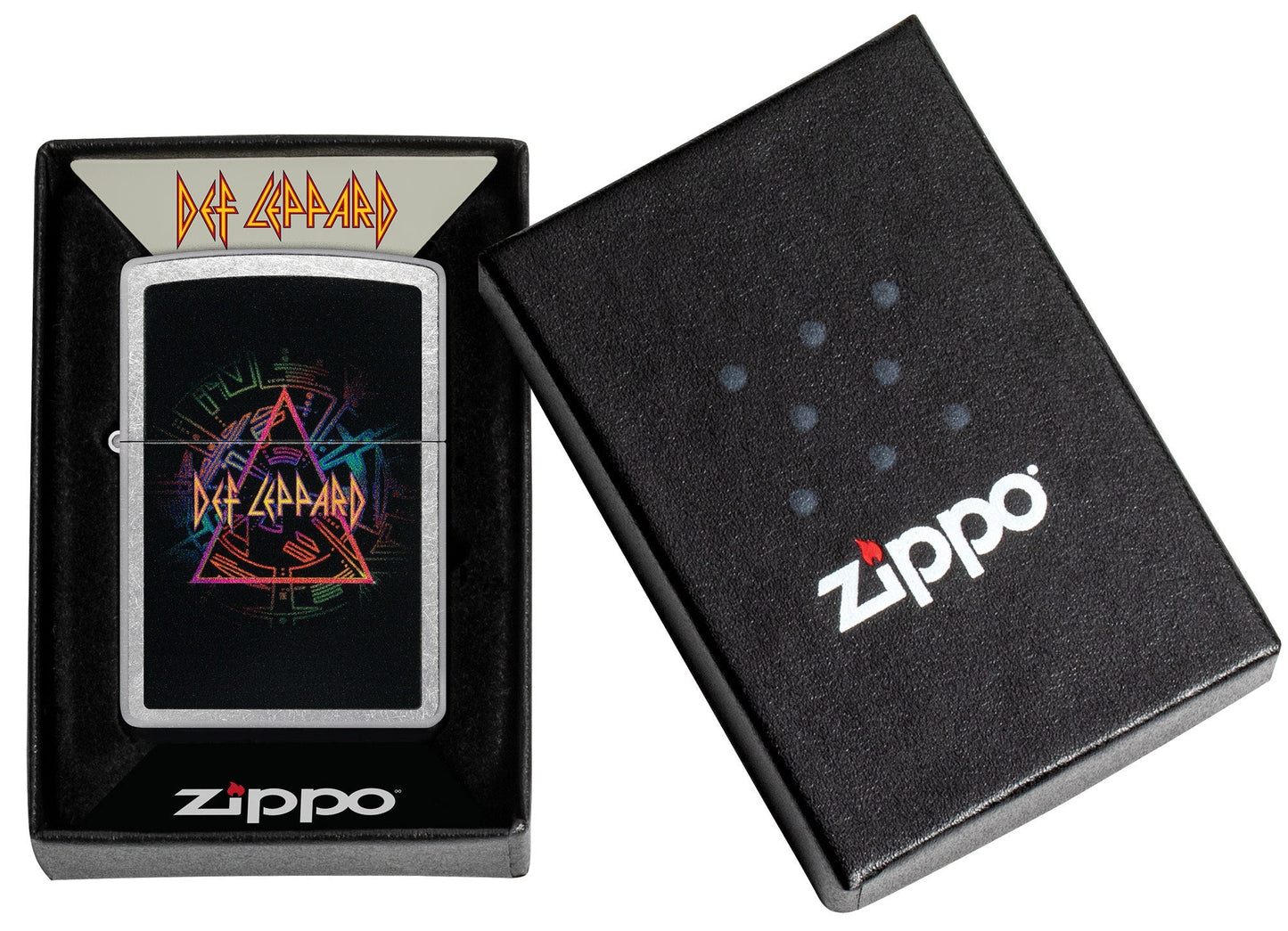 Def Leppard Design Street Chrome™ Windproof Lighter in it's packaging.