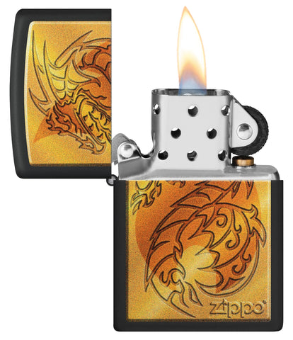 Flame and Dragon Black Matte Windproof Lighter with its lid open and lit.