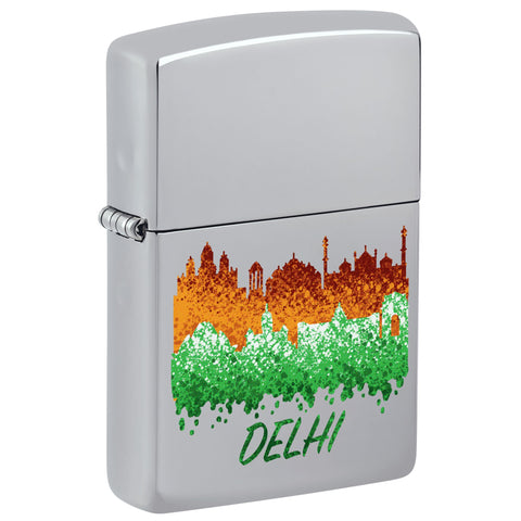 Front shot of Delhi Skyline Design Windproof Lighter standing at a 3/4 angle.
