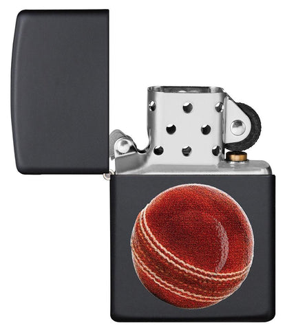 Cricket Ball Design Windproof Pocket Lighter with its lid open and unlit.