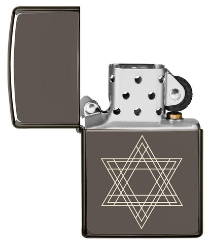 Star of David Design Black Ice® Windproof Lighter with its lid open and unlit.