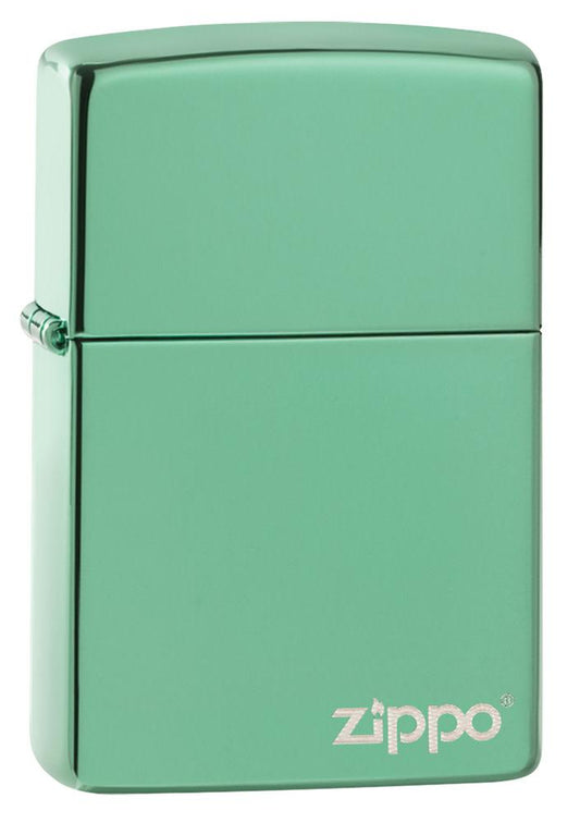 Front view of Classic High Polish Green Zippo Logo Windproof Lighter standing at a 3/4 angle