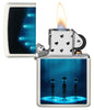 Aliens Design Glow-In-the-Dark Windproof Lighter with its lid open and lit.
