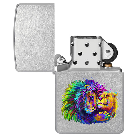 Lion Design Windproof Lighter with its lid open and unlit.