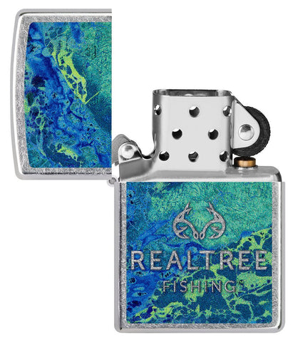 Realtree® Blue and Green Camo Street Chrome™ Windproof Lighter with its lid open and unlit.