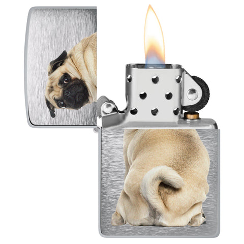 Pug Design Windproof Lighter with its lid open and lit.