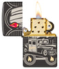 Zippo Car 75th Anniversary Collectible Armor High Polish Black Windproof Lighter with its lid open and lit.