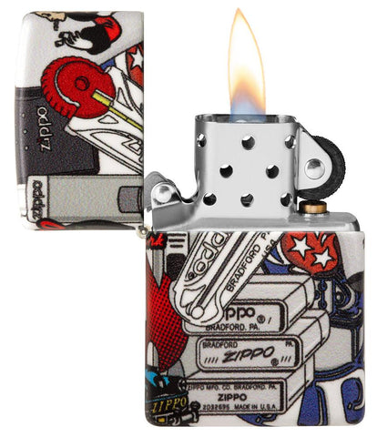 Zippo I Spy 540 Color Windproof Lighter with its lid open and lit