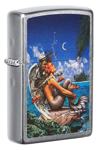 Front view of Rick Rietveld Mermaid Design Street Chrome™ Windproof Lighter standing at a 3/4 angle.