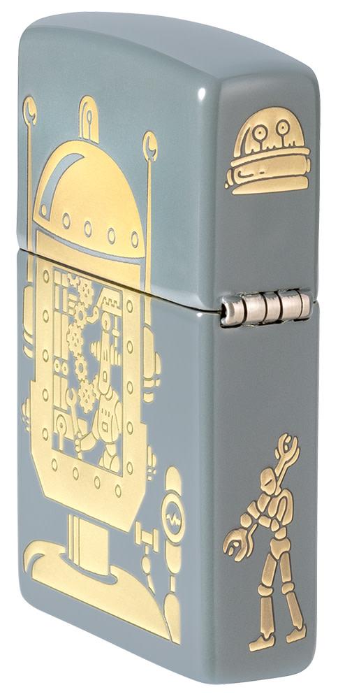 Angled view of Robot Design Flat Gret Windproof Lighter showing the back and hinge side of the lighter