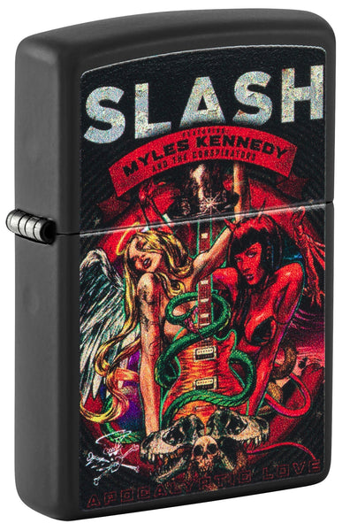 Front shot of Slash Design Black Matte Windproof Lighter standing at a 3/4 angle