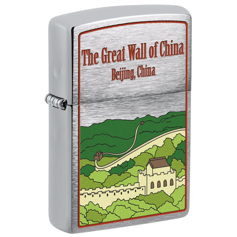 Front shot of Great Wall of China Design Windproof Lighter standing at a 3/4 angle.