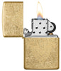 Henna Tattoo Design Tumbled Brass Windproof Lighter with its lid open and lit.