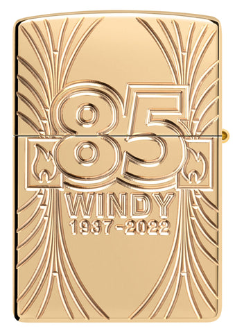 Back view of Zippo Windy 85th Anniversary Collectible Armor High Polish Brass Windproof Lighter.