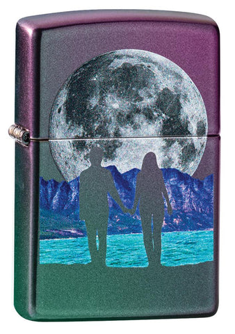 Front shot of Moon Couple Design Iridescent Windproof Lighter standing at a 3/4 angle
