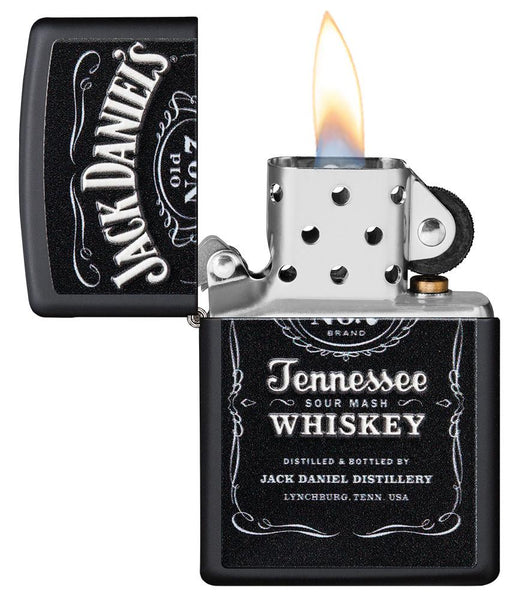 Jack Daniel's® Texture Print Black Matte Windproof Lighter with its lid open and lit