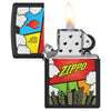 Zippo Comic Design Windproof Lighter with its lid open and lit.