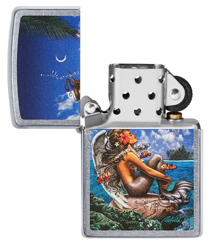 Rick Rietveld Mermaid Design Street Chrome™ Windproof Lighter with its lid open and unlit.
