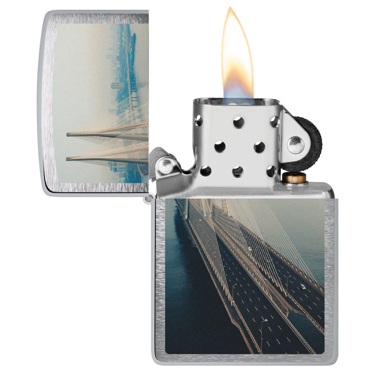 Mumbai Bridge Design Windproof Lighter  with its lid open and lit.