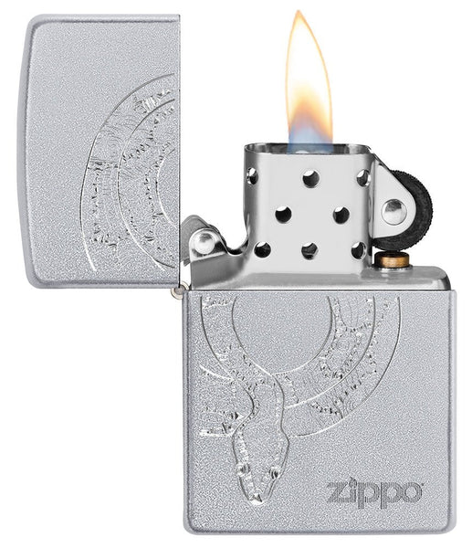 Snake Design Windproof Pocket Lighter with its lid open and lit.