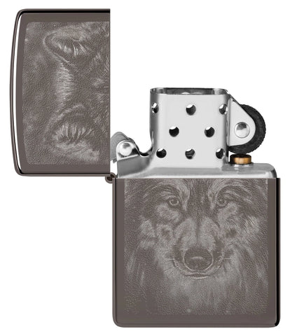 Zippo Zippo Wolf Windproof Lighter with its lid open and unlit.