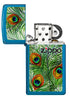Slim Peacock Feathers Design Windproof Pocket Lighter with its lid open and unlit.