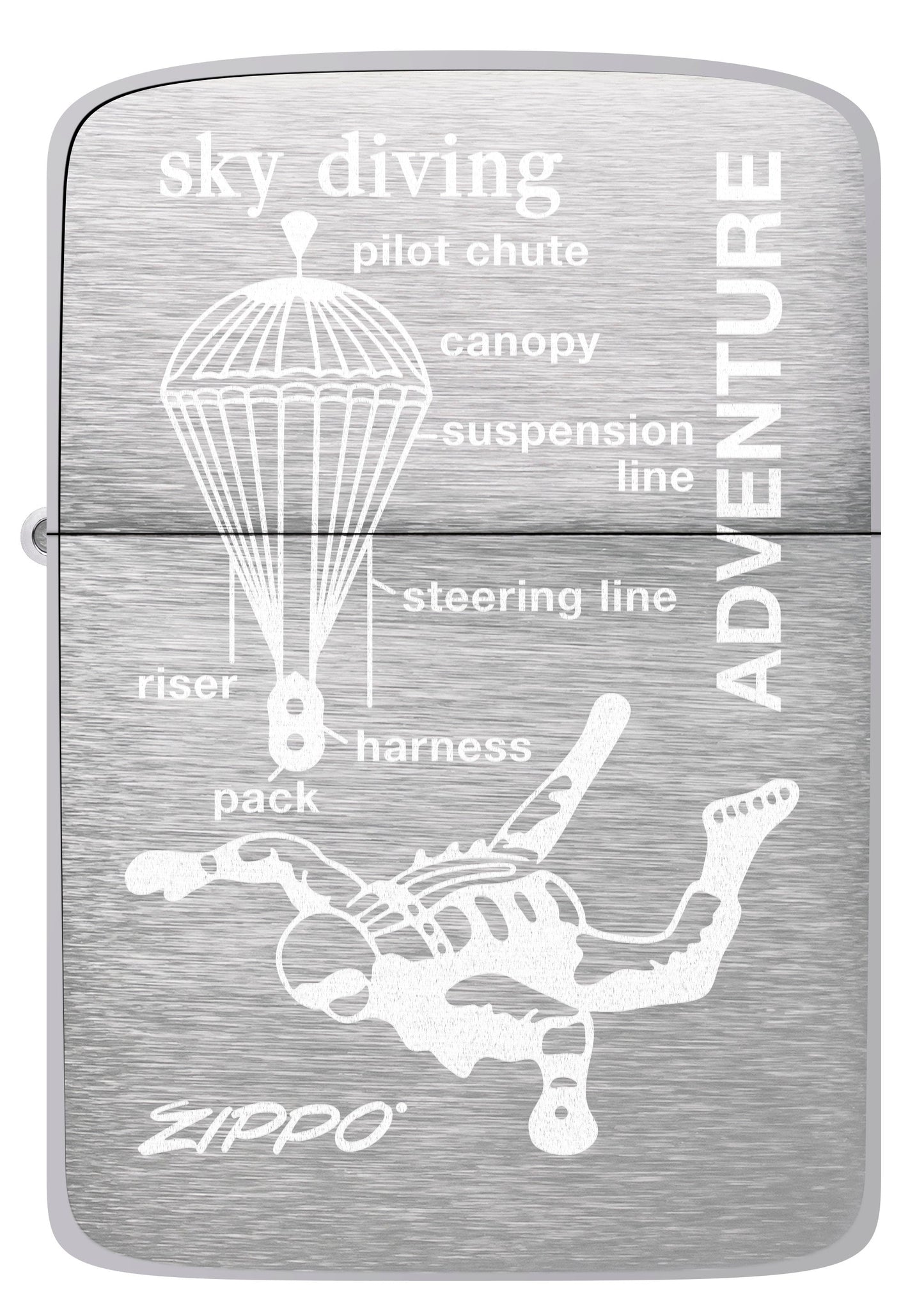 Front View of Skydiving Replica Brushed Chrome Design.
