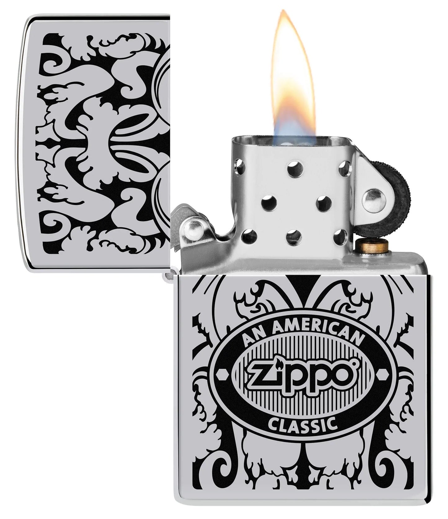 Zippo American Classic Windproof Lighter with its lid open and lit.