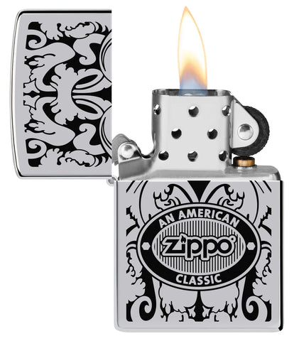 Zippo American Classic Windproof Lighter with its lid open and lit.