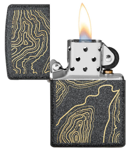 Topo Map Design Iron Stone Windproof Lighter with its lid open and lit
